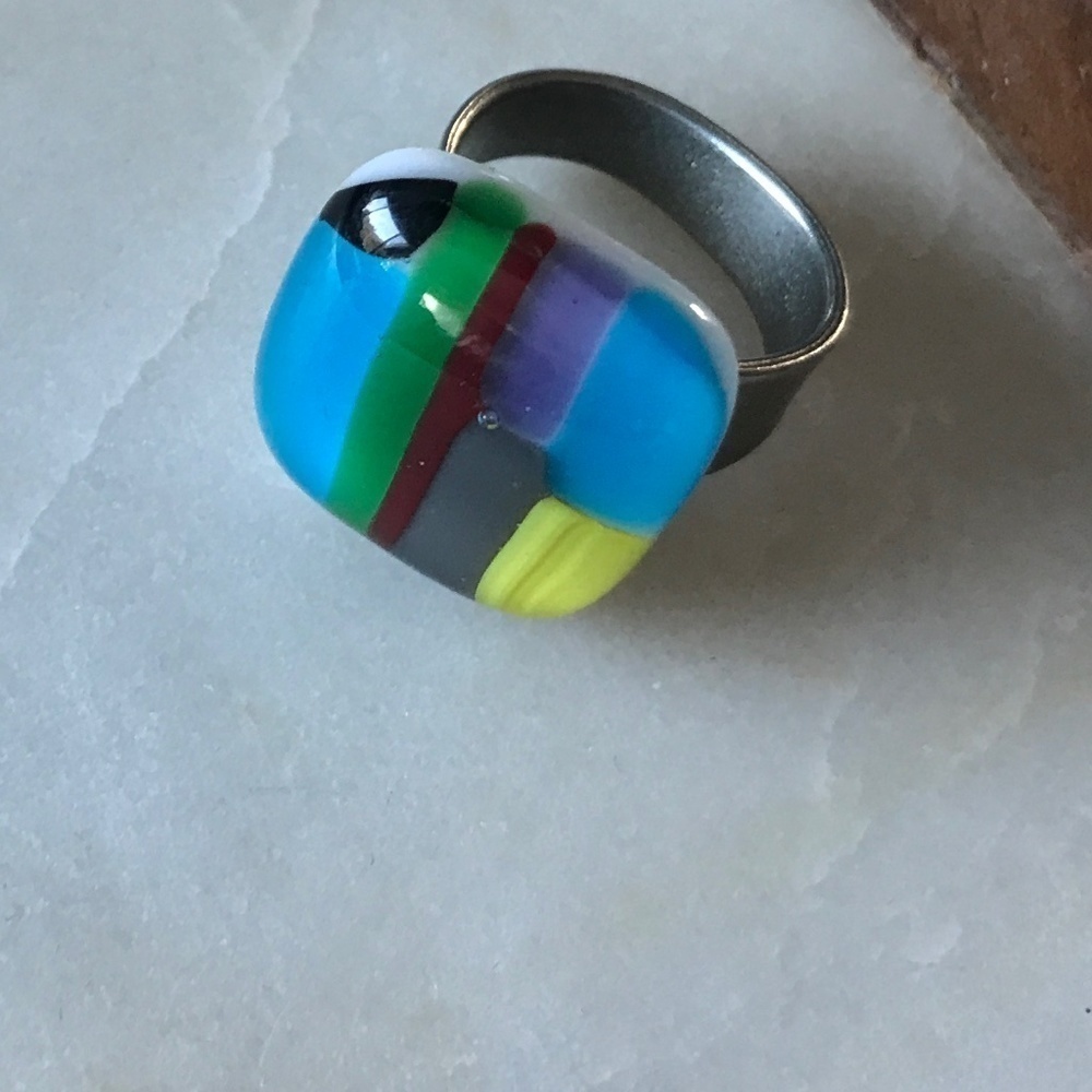 Stunning Glass Ring Geometric Handmade Adjustable Blue Red yellow